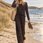 Women's Casual Blue-Brown Striped Wool Blend Crew Neck Sweater And Pants Set