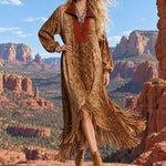 Women's Western-style Loose-fitting Color-blocked Faux Suede Leopard Print Tassel Midi Dress