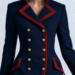 Women's Retro Preppy Navy Long Coat With Red Piping And Gold Buttons