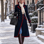 Women's Retro Preppy Navy Long Coat With Red Piping And Gold Buttons