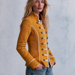 Women's Retro Woven Button Mustard Yellow Cotton Military Style Jacket