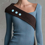 Retro Chic Blue Color-Block Asymmetric Ribbed Knit Long-Sleeve Bodycon Mini Sweater Dress