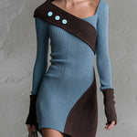 Retro Chic Blue Color-Block Asymmetric Ribbed Knit Long-Sleeve Bodycon Mini Sweater Dress