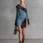 Retro Chic Blue Color-Block Asymmetric Ribbed Knit Long-Sleeve Bodycon Mini Sweater Dress