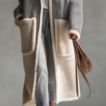 Casual Vintage Grey Herringbone Fleece Patchwork Pocket Zip-Up Long Sherpa Coat