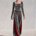 Retro-chic Color-blocked Leopard Print Trim Grey Velvet Top And Pants Set