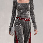 Retro-chic Color-blocked Leopard Print Trim Grey Velvet Top And Pants Set