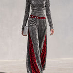 Retro-chic Color-blocked Leopard Print Trim Grey Velvet Top And Pants Set