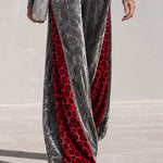 Retro-chic Color-blocked Leopard Print Trim Grey Velvet Top And Pants Set