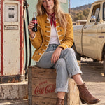 Women's Retro Woven Button Mustard Yellow Cotton Military Style Jacket