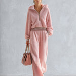 Pink Teddy Fleece Hooded Half-Zip Pullover and Wide-Leg Pants Set