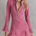 Western Glam Pink Frayed Trim Plunge Neck Bell Sleeve Denim Mini Dress