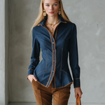 Vintage Western Fringe Trim Fitted Button Up Dark Wash Denim Shirt