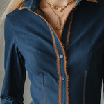 Vintage Western Fringe Trim Fitted Button Up Dark Wash Denim Shirt