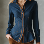 Vintage Western Fringe Trim Fitted Button Up Dark Wash Denim Shirt