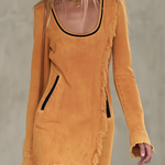 Boho Chic Mustard Frayed Fringe Scoop Neck Long Sleeve Denim Mini Dress