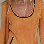 Boho Chic Mustard Frayed Fringe Scoop Neck Long Sleeve Denim Mini Dress