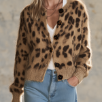 Women's Retro Leopard Print Brown Mohair Cardigan, Vintage Casual Elegant Knit Sweater