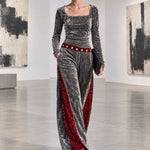 Retro-chic Color-blocked Leopard Print Trim Grey Velvet Top And Pants Set