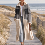 Casual Vintage Grey Herringbone Fleece Patchwork Pocket Zip-Up Long Sherpa Coat
