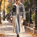 Casual Vintage Grey Herringbone Fleece Patchwork Pocket Zip-Up Long Sherpa Coat