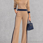 Color-blocked Trim Light Brown Knit Top And Pants Set