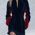 Women's Retro Color-Block Fleece Mini Dress With Ruffle Hem And Half-Zip