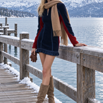 Women's Retro Color-Block Fleece Mini Dress With Ruffle Hem And Half-Zip