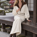 Retro Chic And Elegant Leopard Print Velvet Collar White Fleece Midi Dress