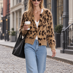 Women's Retro Leopard Print Brown Mohair Cardigan, Vintage Casual Elegant Knit Sweater