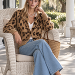 Women's Retro Leopard Print Brown Mohair Cardigan, Vintage Casual Elegant Knit Sweater