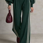 Sporty Retro Casual Color-blocked Striped Green Zip-up Sweatshirt And Pants Set