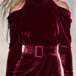 Retro Elegant Fuchsia High-neck Off-shoulder Belted Irregular Hem Velvet Mini Dress