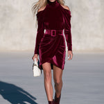 Retro Elegant Fuchsia High-neck Off-shoulder Belted Irregular Hem Velvet Mini Dress