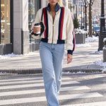 Casual Retro PU Striped Off-White Fleece Bomber Jacket