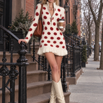 Retro Cream Mohair Polka Dot Ruffle Hem Knit Mini Dress