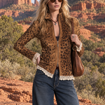 Retro Faux Suede Leopard Print Button-Up Shirt For Women