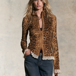 Retro Faux Suede Leopard Print Button-Up Shirt For Women