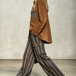 Retro Faux Suede Shirt And Vertical Striped Trousers Set