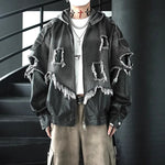 Patchwork Leather Distressed Frayed Edge Denim Hooded Jacket