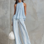 Vacation Light Blue Chiffon Sleeveless Top And Striped Wide-leg Pants Set