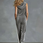 V-neck Hooded Sleeveless Top And Pants Velvet Set