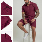KZZ Men's Two-piece Suit Shirt and Elastic Waist Pants Set