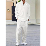 KZZ Men's solid color checkered casual suit, including long sleeved collar shirt and drawstring pants