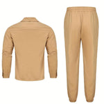 KZZ Men's Solid Button Pocket Lapel Neck Jacket & Drawstring Waist Cargo Pant Set