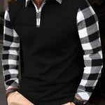 KZZ Men's Patchwork Plaid Print Half Zip Up Polo Shirt