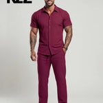 KZZ Men's Two-piece Suit Shirt and Elastic Waist Pants Set
