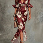 Green Floral Ruffled Bell Sleeve V-neck Satin Asymmetrical Maxi Dress