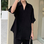 Pleated V-neck Loose Shirt with Three-quarter Sleeves