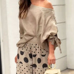 Casual Shoulder Top & Printed Pants Two-Piece Set